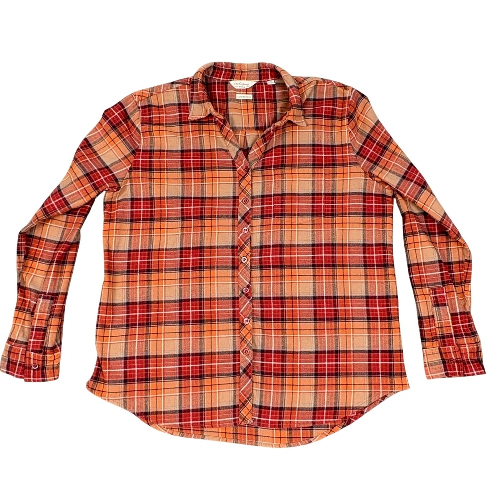 Weatherproof Vintage Shirt Mens Large Orange Plaid Comfort Stretch Flannel L/S